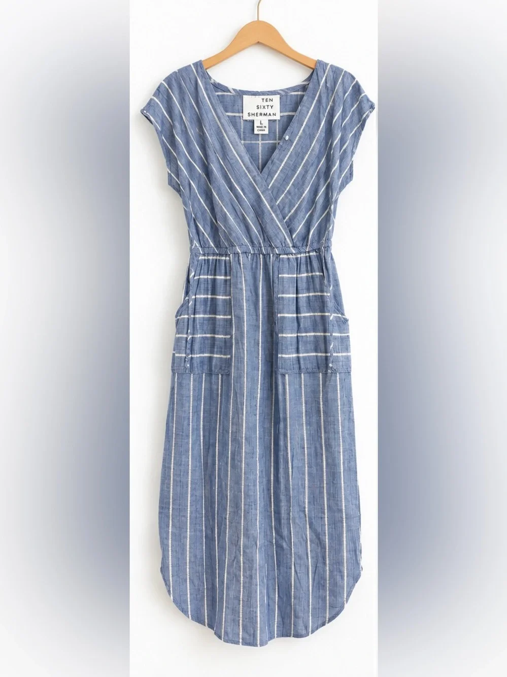 Ten Sixty Sherman Blue and White Striped Wrap Midi Dress